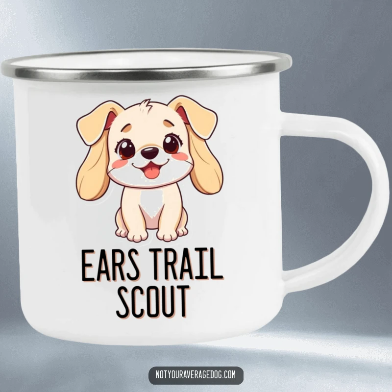 Funny dog camping mug depicting a happy dog with ears that seem to catch the wind, enjoying the great outdoors.