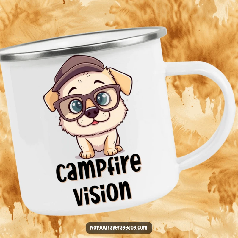 Funny camping mug with a silly dog character wearing oversized comical glasses and a misplaced hat, designed for adventurous pet lovers who enjoy durable, humorous gear.