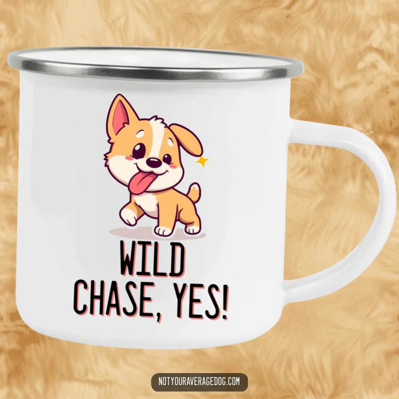 Funny dog with tongue sticking out sideways, chasing a laser dot, on a camping mug.