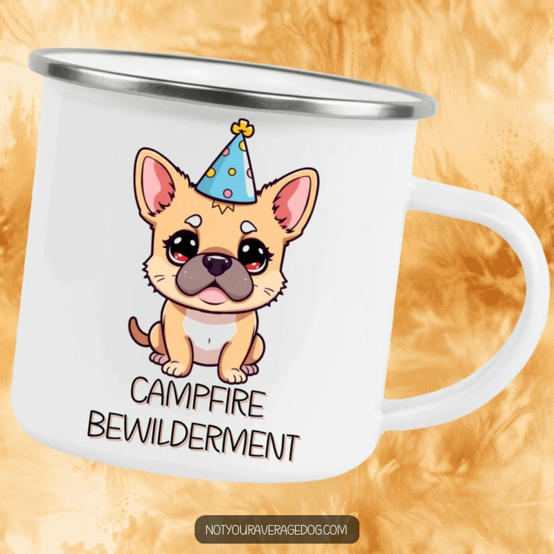Funny Dog Party Hat Camping Mug: A dog looking bewildered in a party hat, adding humor to the outdoors.