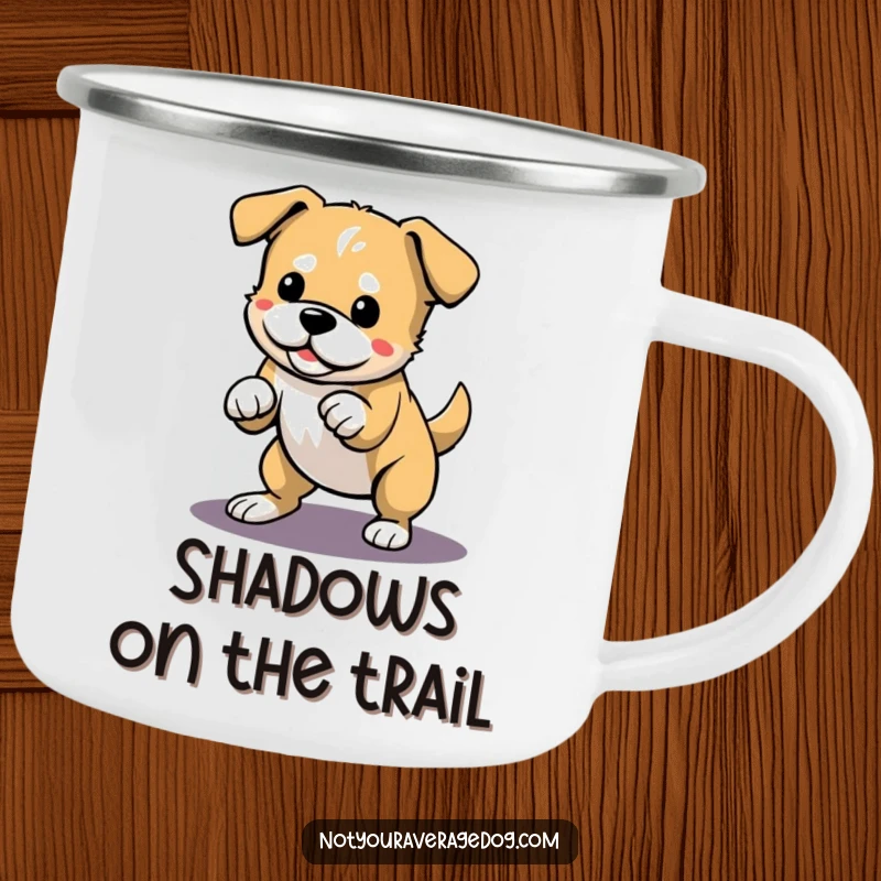 Funny camping mug featuring a dog playfully pouncing on its shadow in an outdoor setting, perfect for adventure.