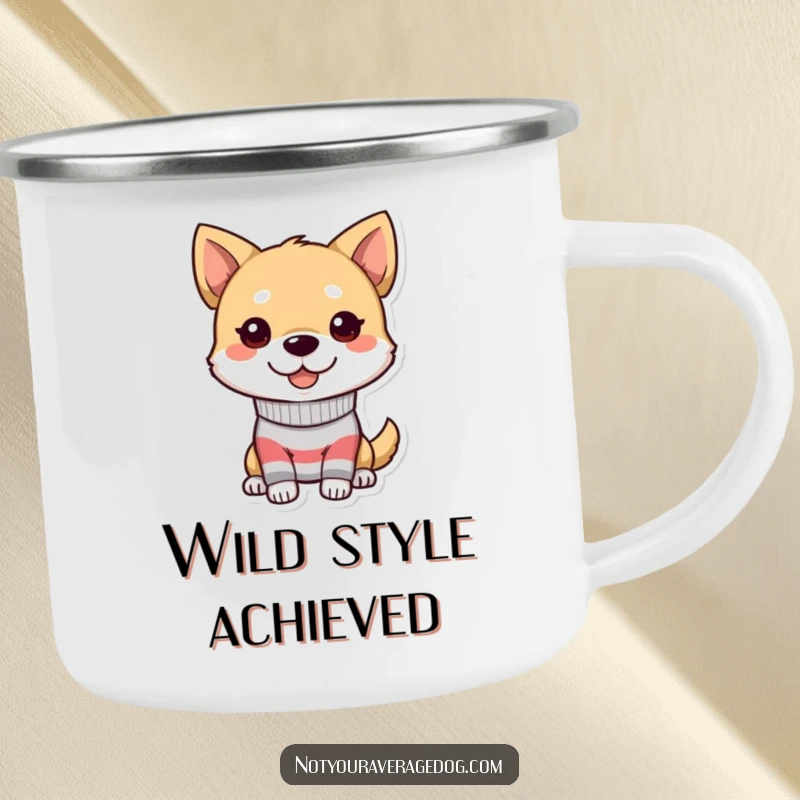 Funny dog camping mug with a character wearing a mismatched sock and a goofy grin, perfect for adventures.