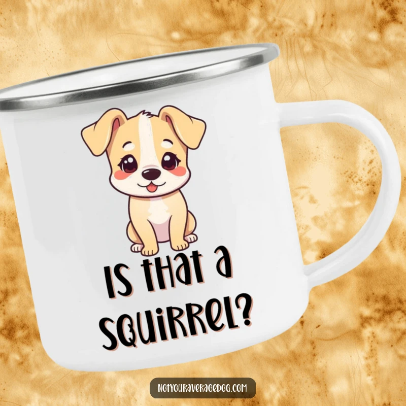 Funny camping mug showing a dog with its head tilted adorward and ears flopped, exploring.