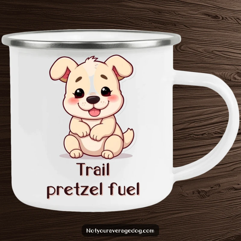 Funny dog in a pretzel shape on a durable camping mug, perfect for humorous outdoor enjoyment.