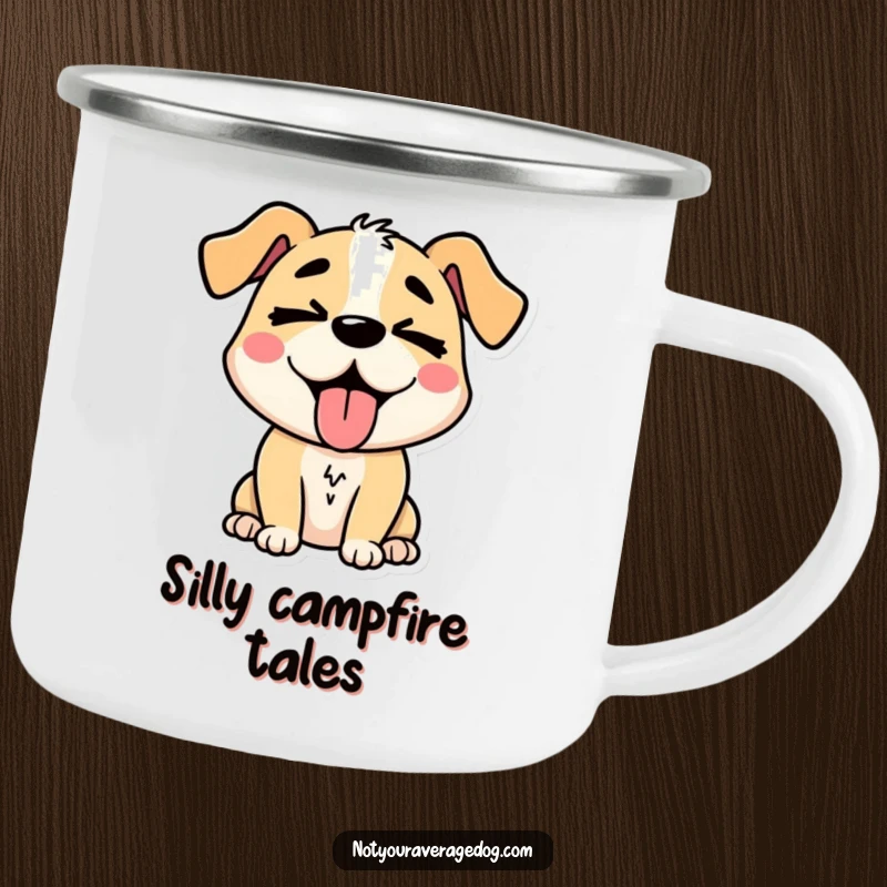 Funny stylized dog character with its tongue hanging out and eyes crossed, a durable and amusing camping mug.