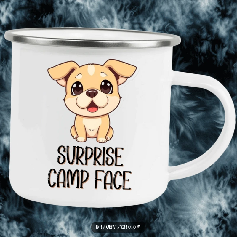 Funny camping mug: a dog with a comically surprised expression and floppy ears, designed for expressing humor outdoors.