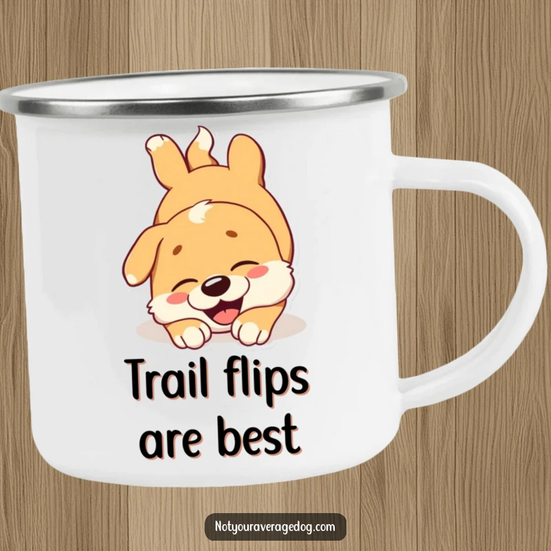 Funny dog camping mug showing a happy dog tumbling head over paws with a joyous expression, great for outdoor fun.