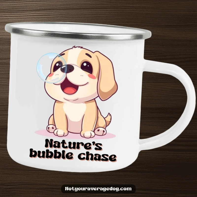 Funny enamel camping mug with a dog playfully trying to catch a soap bubble with its nose, for outdoor fun.