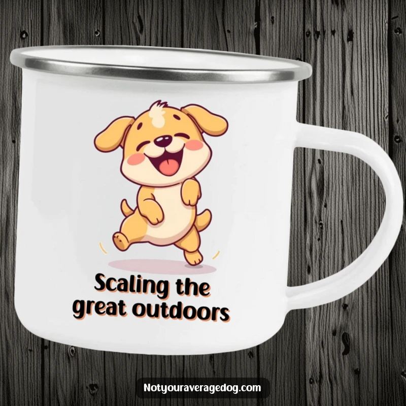 Funny camping mug showing a dog enthusiastically failing a simple jump during an outdoor activity.