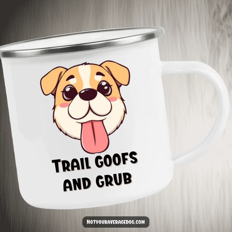 Funny silly dog face camping mug featuring a dog with crossed eyes and a floppy tongue, durable and hilariously charming.