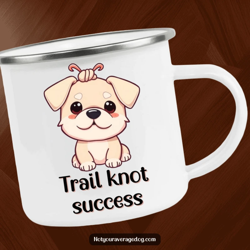 Durable funny camping mug with a dog whose ears are hilariously tied in a knot.