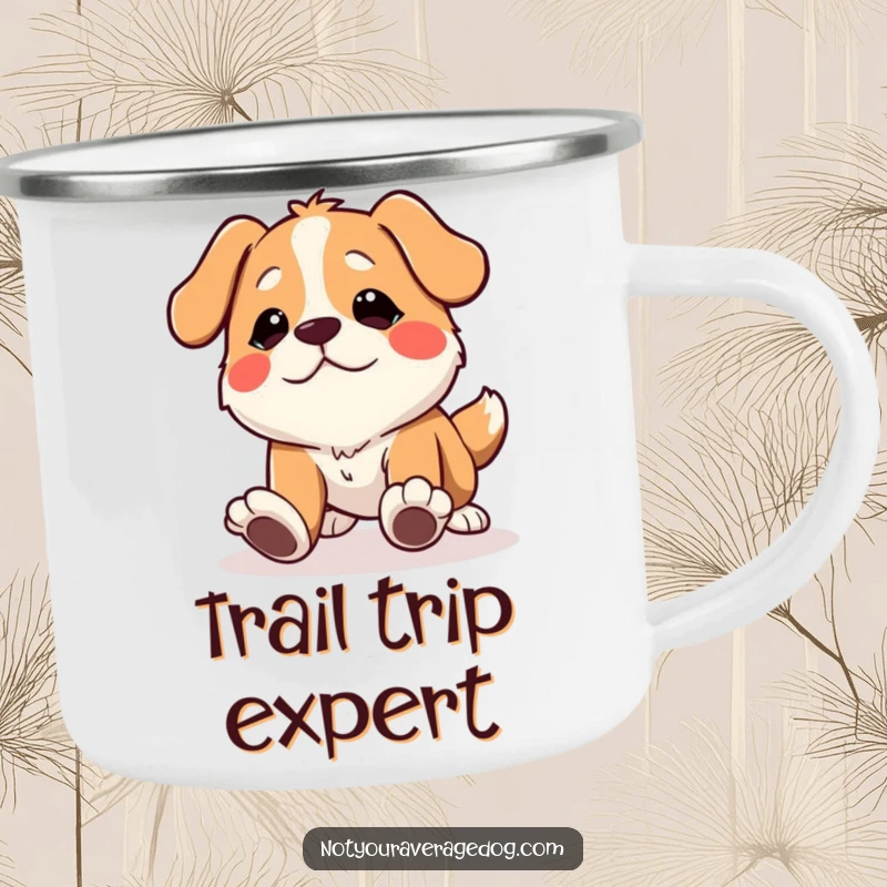 Funny dog camping mug with a character tripping over its own feet with a comical expression, ready for adventure.