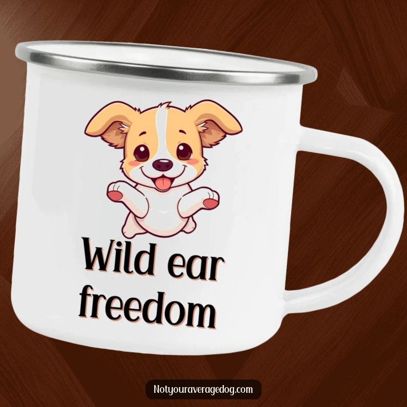 Funny Dog Leaping Camping Mug: A dog's dynamic leap with ears flying, bringing fun to the outdoors.