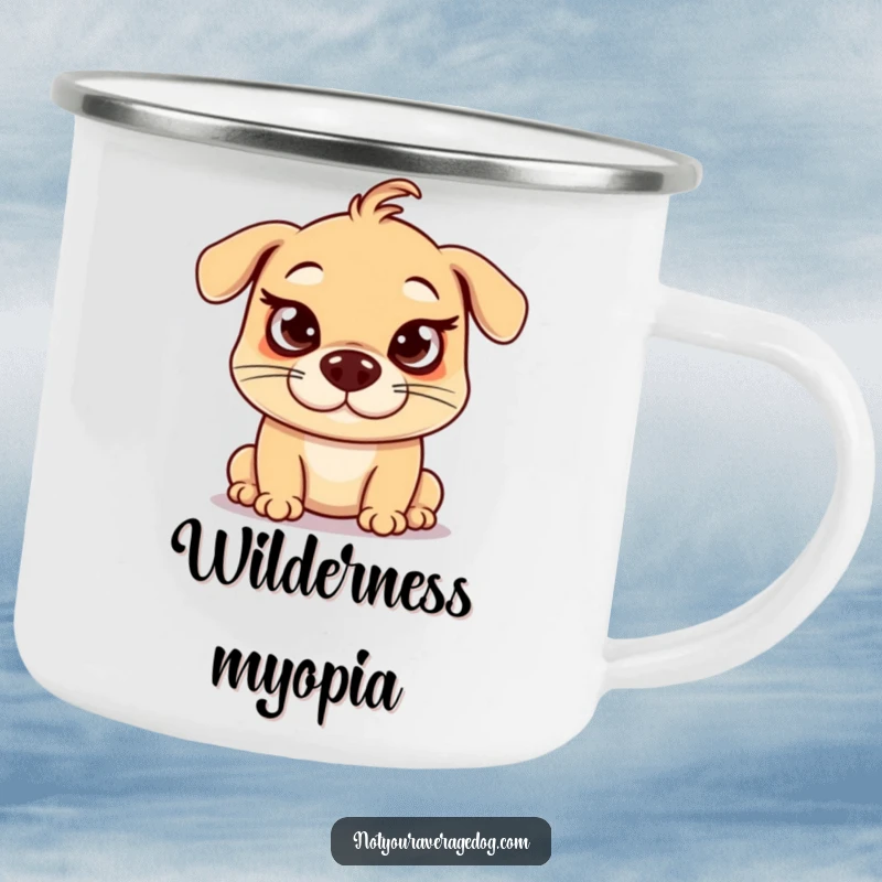 Funny crossed eyes dog camping mug, a silly dog making a funny exaggerated face, eyes crossed outdoors.