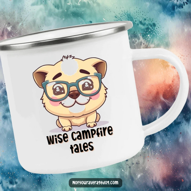 Funny dog glasses camping mug, a silly dog character with oversized glasses and a crooked grin, perfect for outdoor fun.