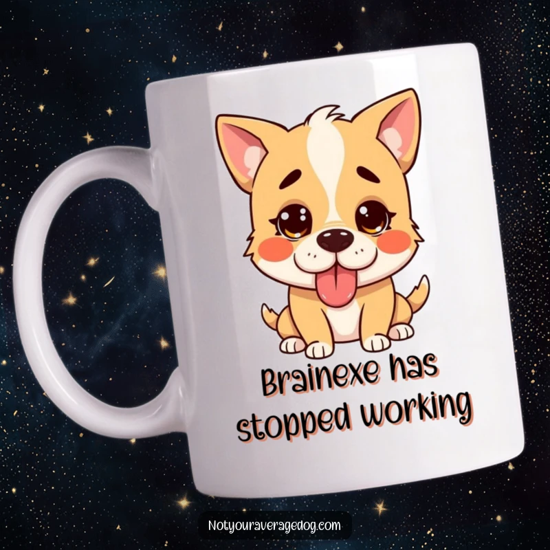 Funny confused dog mug with its tongue sticking out at an odd angle, looking bewildered for a humorous gift.