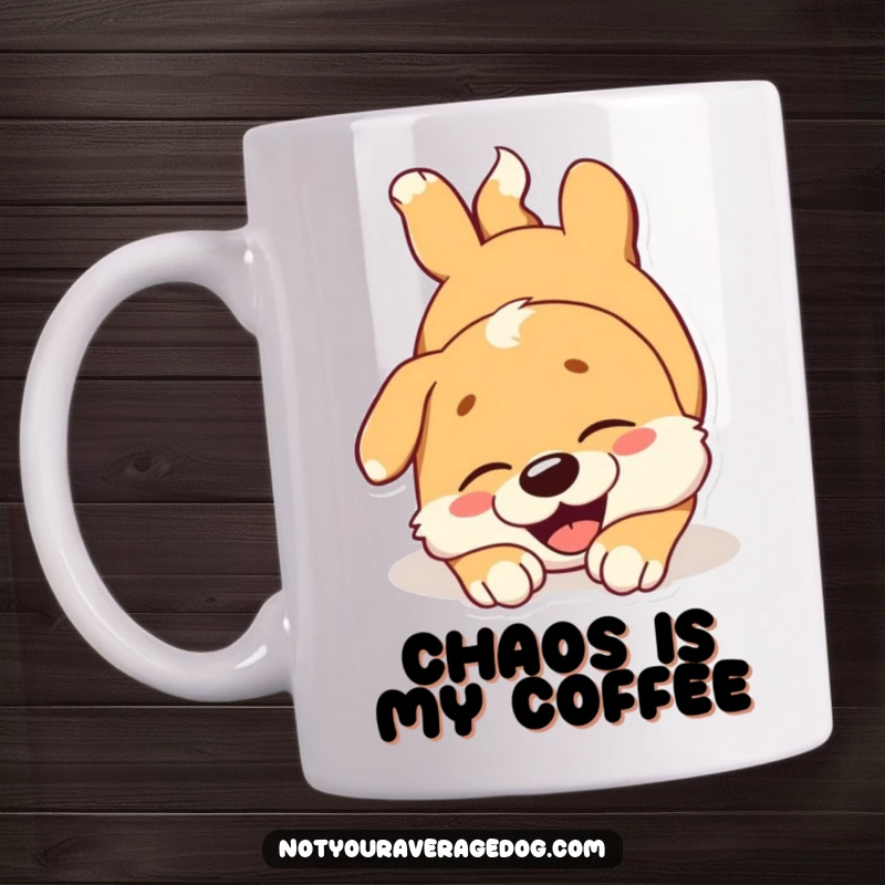 Funny dog mug showing a happy dog tumbling head over paws with a joyous expression, radiating pure excitement.