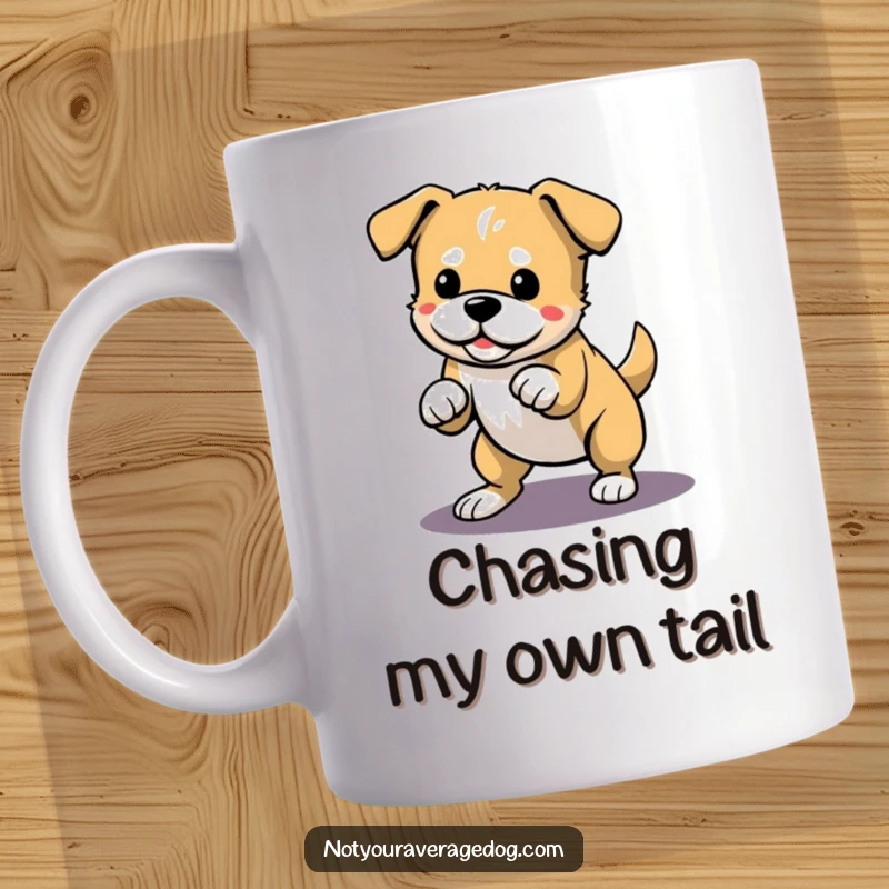 Funny mug showing an excited dog leaping playfully at its own shadow on the ground, full of energy and joy.