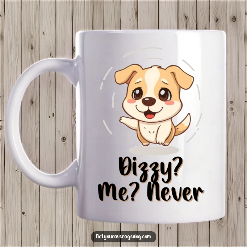 Funny mug with a dazed dog spinning in circles, looking comically confused, ideal for a lighthearted pet owner's present.