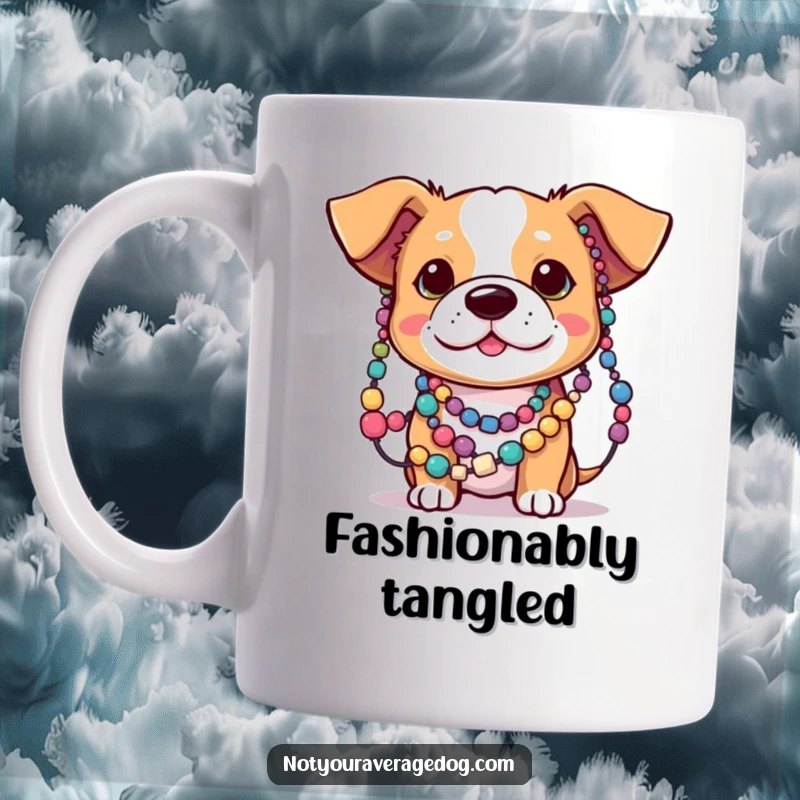 Funny mug illustration of a dog with its ears comically tangled in a string of colorful beads, a delightful pet mishap.