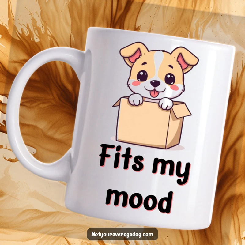 Funny mug showing a dog's head humorously sticking out of a tiny box, conveying playful confusion and cuteness.
