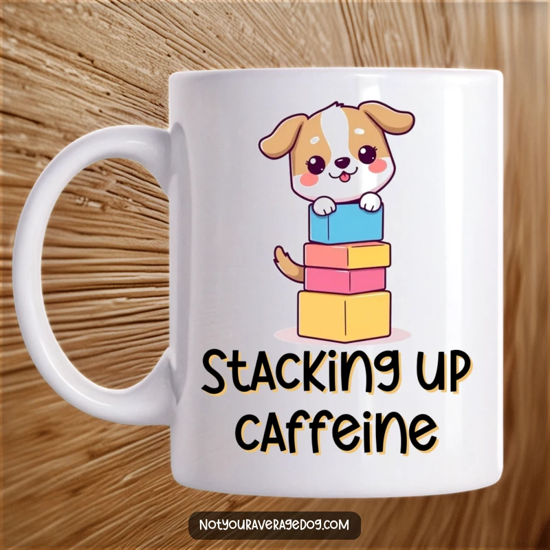 Funny Balancing Dog Mug: Dog carefully balancing a tall stack of colorful blocks, looking focused and adorable.