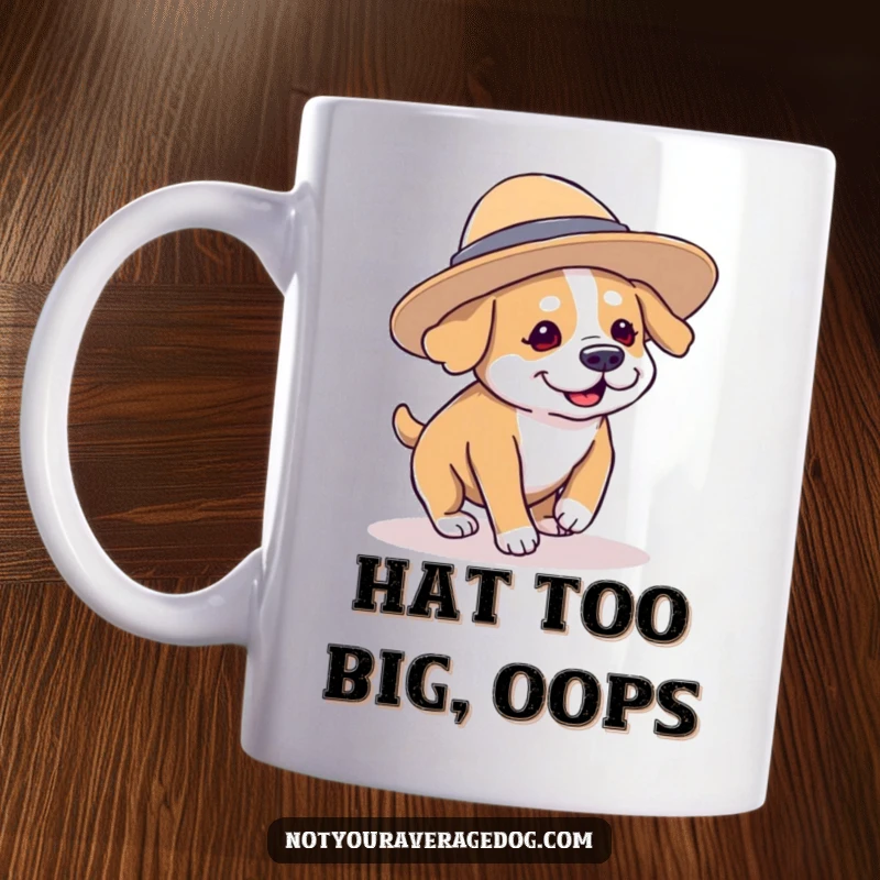 Funny dog character wearing a comically oversized hat and tripping over its own paws, a hilarious and cute mug design.