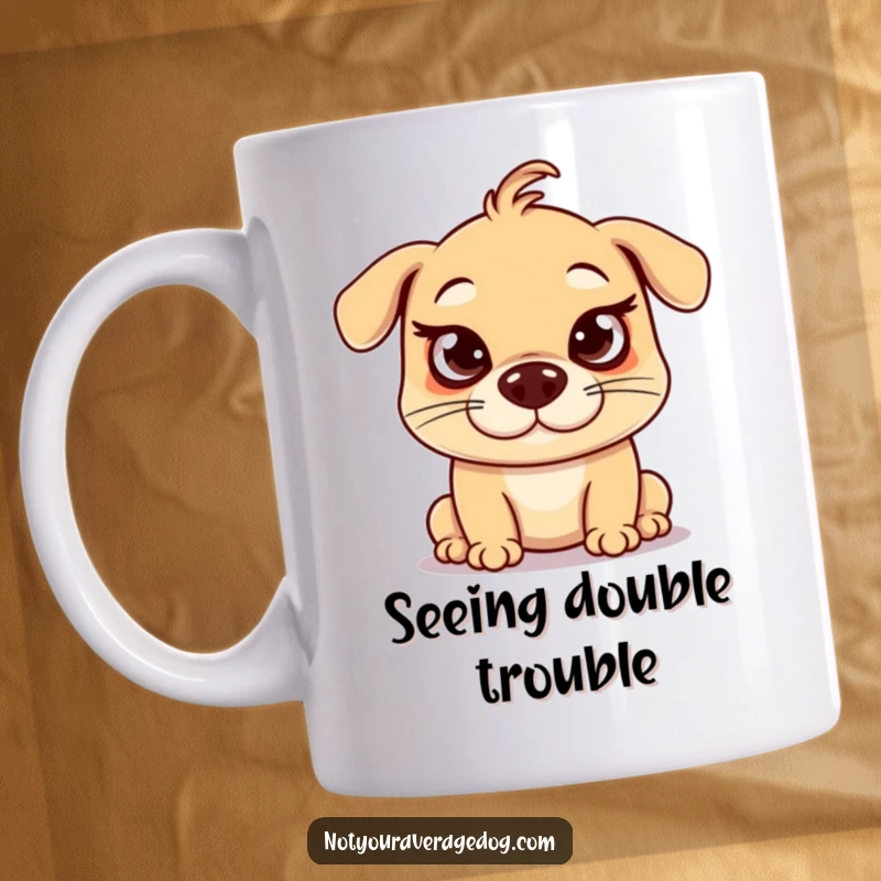 Funny crossed eyes dog mug, a silly dog making an exaggerated funny face with its eyes looking inward.