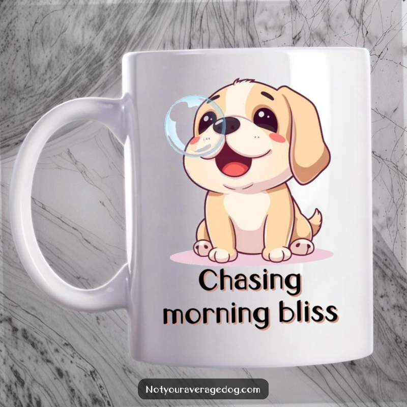 Funny mug of a dog playfully trying to catch a floating soap bubble with its nose, capturing innocent joy and humor.