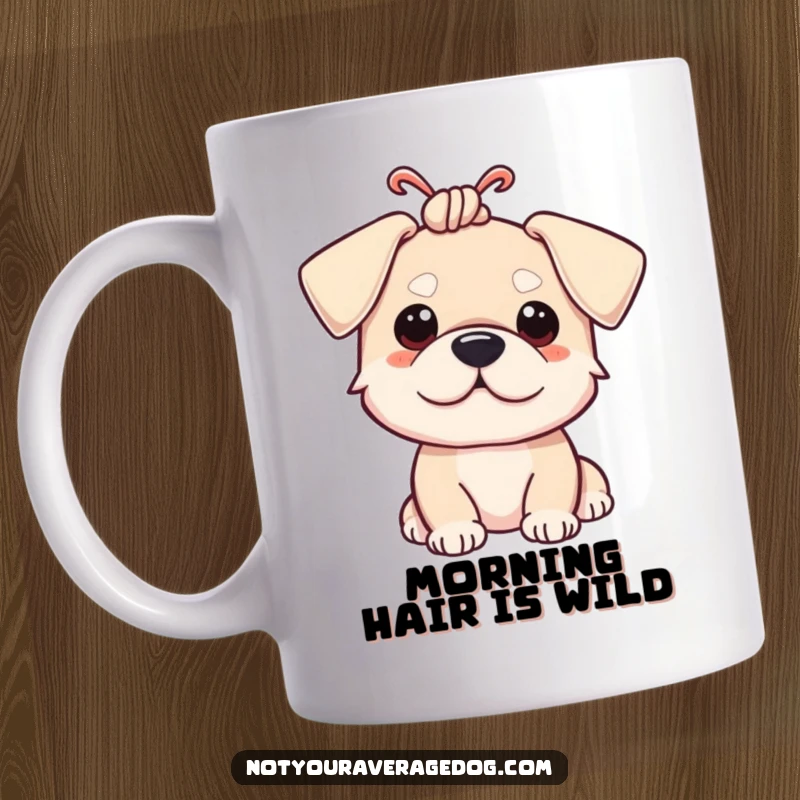 Funny dog with its floppy ears tied in a comical knot, looking confused on a mug.