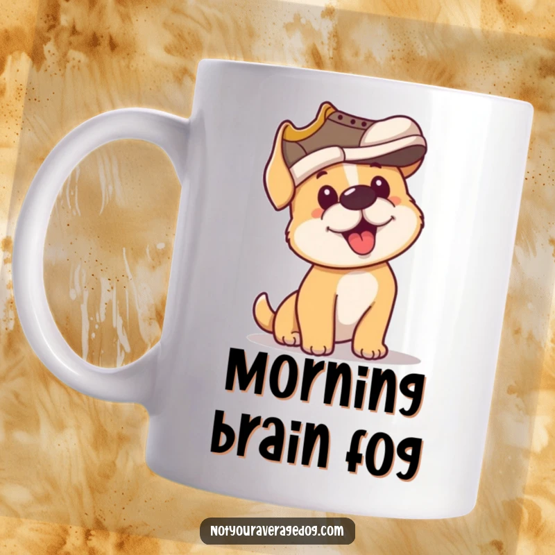 Funny mug of a dog with great determination trying to put a shoe on its head like a hat.