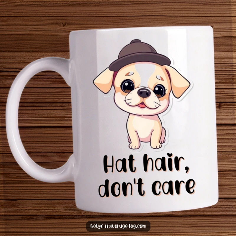 Funny Mug showcasing a charming dog wearing a tiny, tilted hat, exuding a comical and slightly mischievous personality.