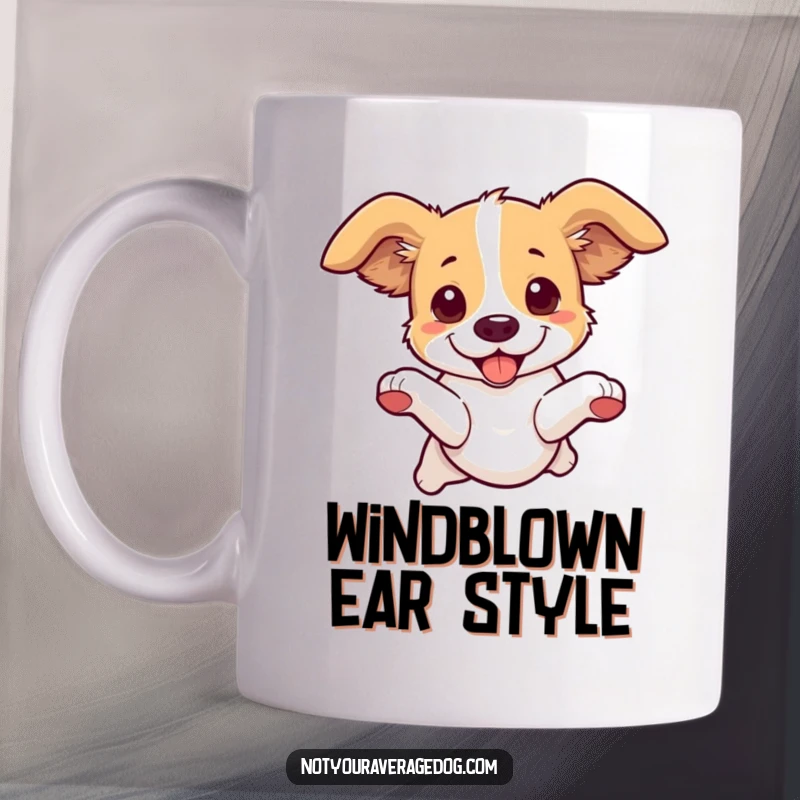 Funny Dog Leaping Mug: A dog leaps with ears flopping in opposite directions, capturing pure, goofy energy.