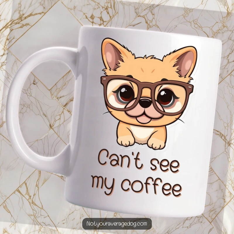 Funny dog attempting to wear a pair of comically oversized glasses, looking dapper on a mug.