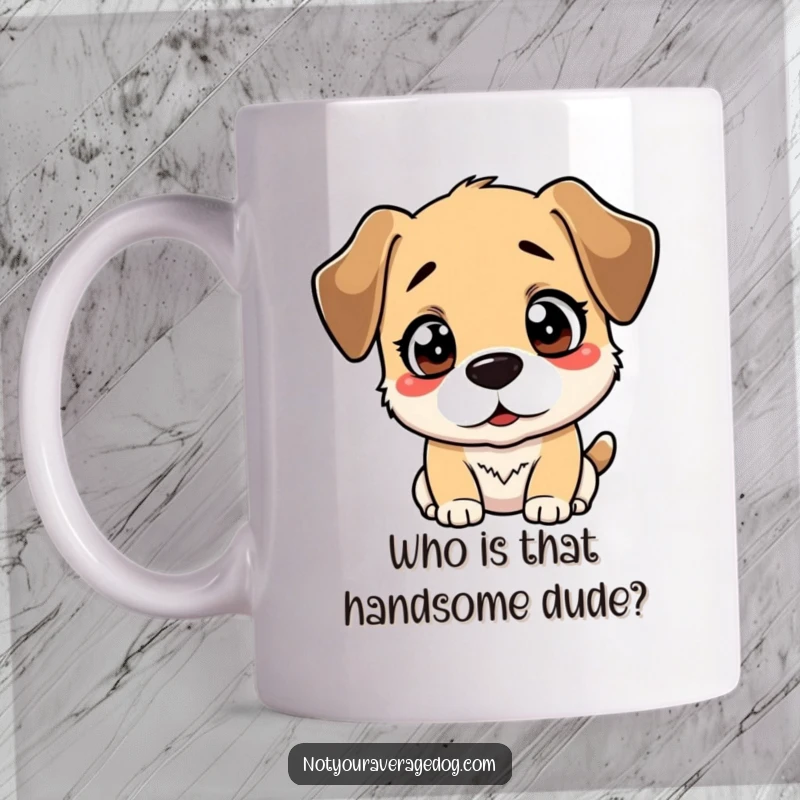 Funny dog mug with a bewildered dog looking at its reflection, questioning everything with a funny expression.