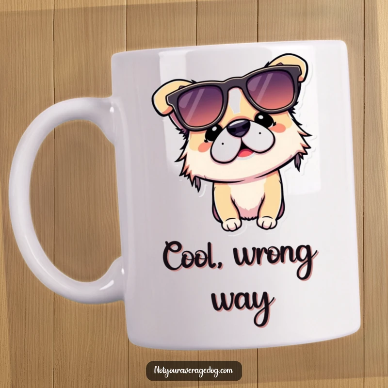 Funny dog mug showing a cute dog with sunglasses placed completely upside down on its face, looking adorably confused.
