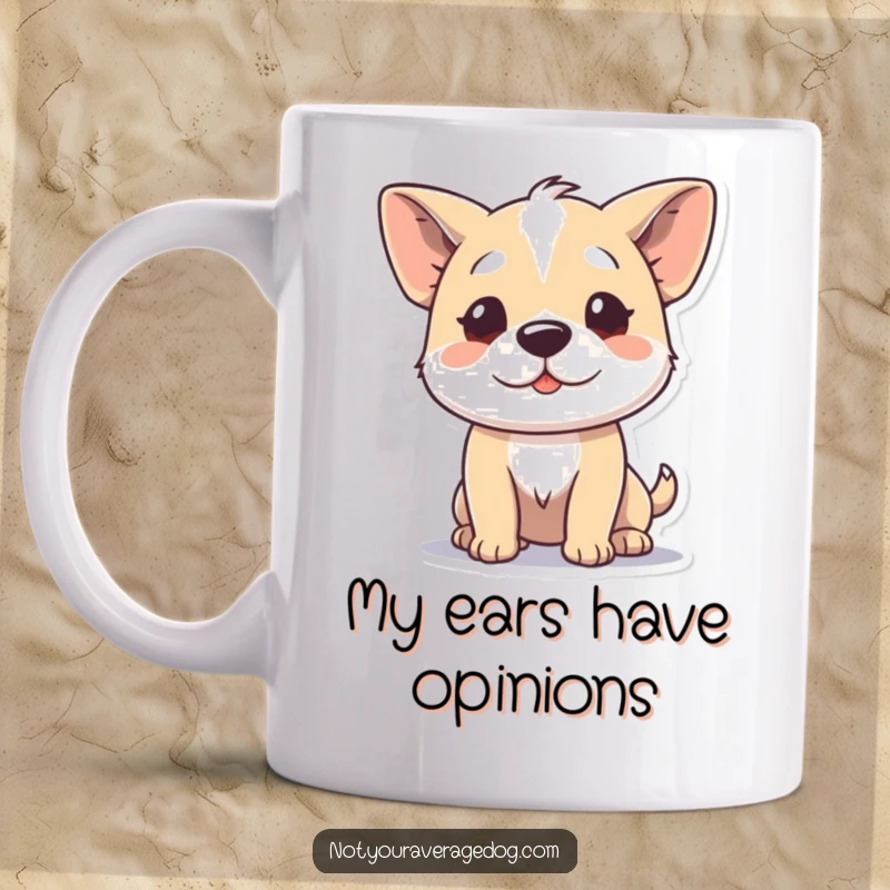 Funny mug showcasing a dog character wiggling its ears independently, highlighting a unique and amusing canine trait.
