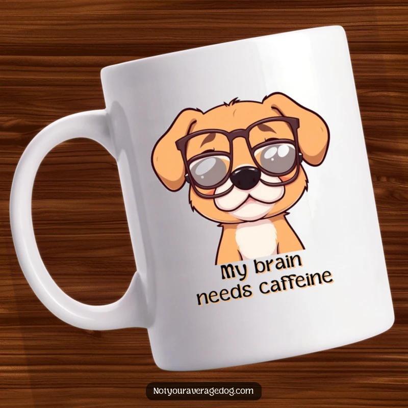 Funny dog wearing tiny, crooked glasses on a mug, looking scholarly yet utterly confused, a perfect gift for pet lovers.