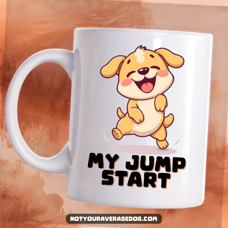 Funny mug showing a dog enthusiastically failing a simple jump, mid-air with comical effort.