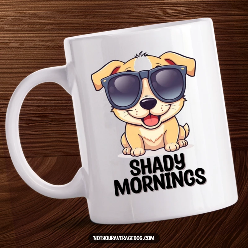 Funny mug depicting a dog wearing oversized, goofy sunglasses and sporting a wide, lop-sided grin.