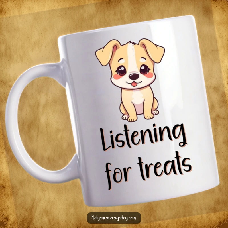 Funny mug showing a dog with its head tilted and ears flopped adorward, looking curious.