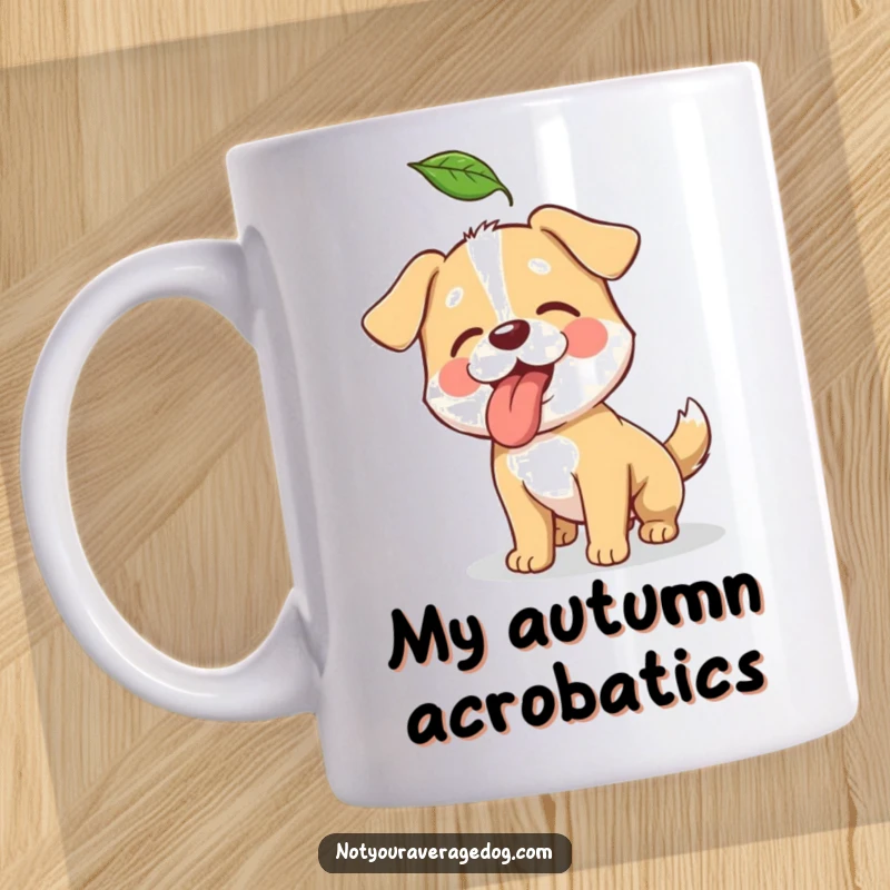 Funny mug showing a dog with its tongue out, hilariously trying to catch a falling autumn leaf.