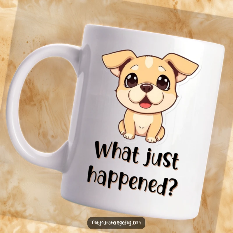 Funny mug featuring a dog with a comically surprised expression, its ears flopped in opposite directions, ready to amuse.