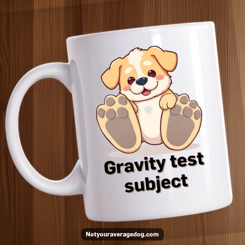 Funny tripping dog mug, a silly dog hilariously falling over its own enormous paws with a playful look.
