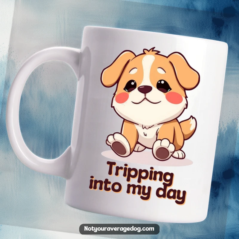 Funny dog mug featuring a character tripping over its own feet with a hilariously comical expression.