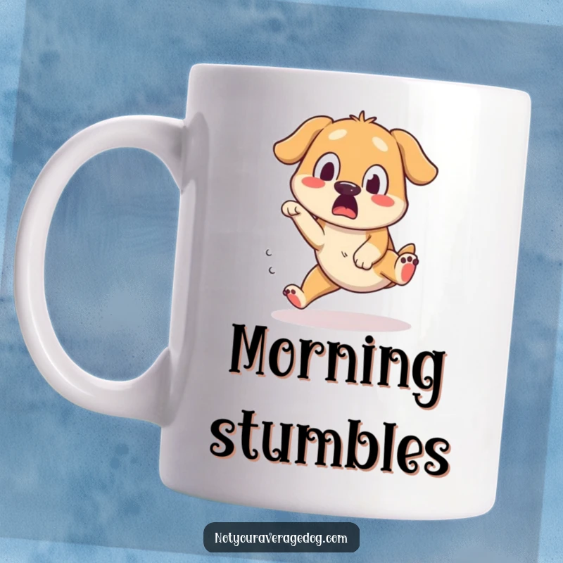 Funny mug of a dog tripping over its own feet with a surprised and silly expression of utter bewilderment.
