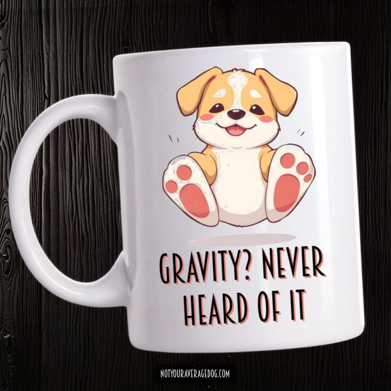Funny dog tripping over oversized paws, bouncing back up with a silly expression, perfect for a clumsy pet owner gift.