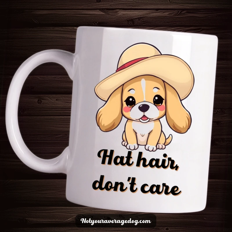 Funny dog mug featuring a cute dog wearing an oversized, floppy hat tilted stylishly on its head, exuding charm.