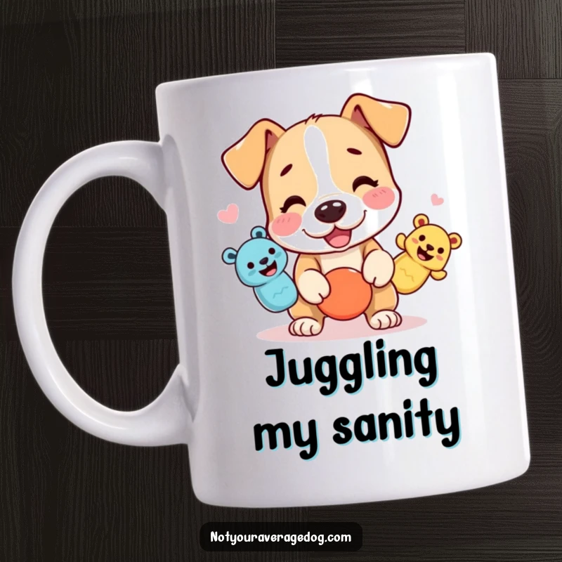 Funny dog mug showing a character attempting to juggle three squeaky toys with a focused yet comical expression.
