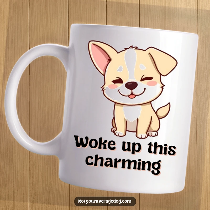 Funny dog mug with one ear flopped and a mischievous wink, showing a sly and playful canine character.